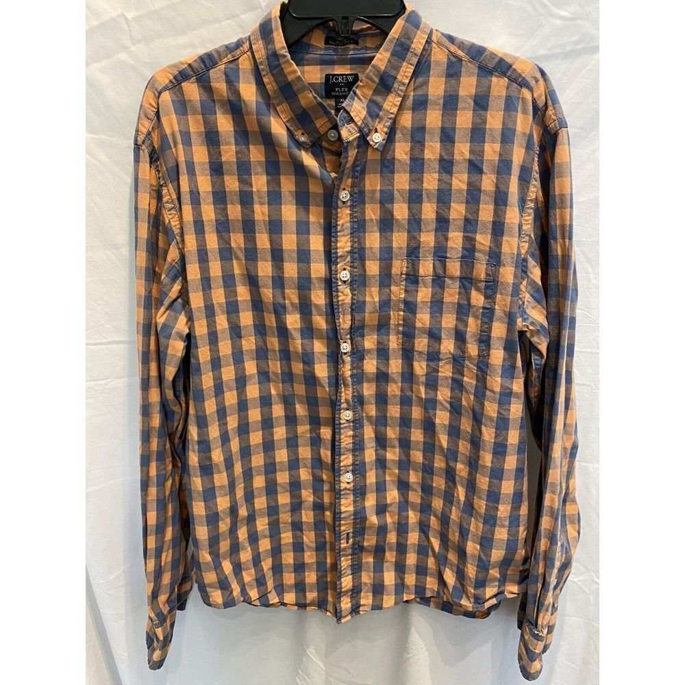J Crew Men's Orange Blue Plaid Cotton Long Sleeve Button Down Shirt Size XL‎